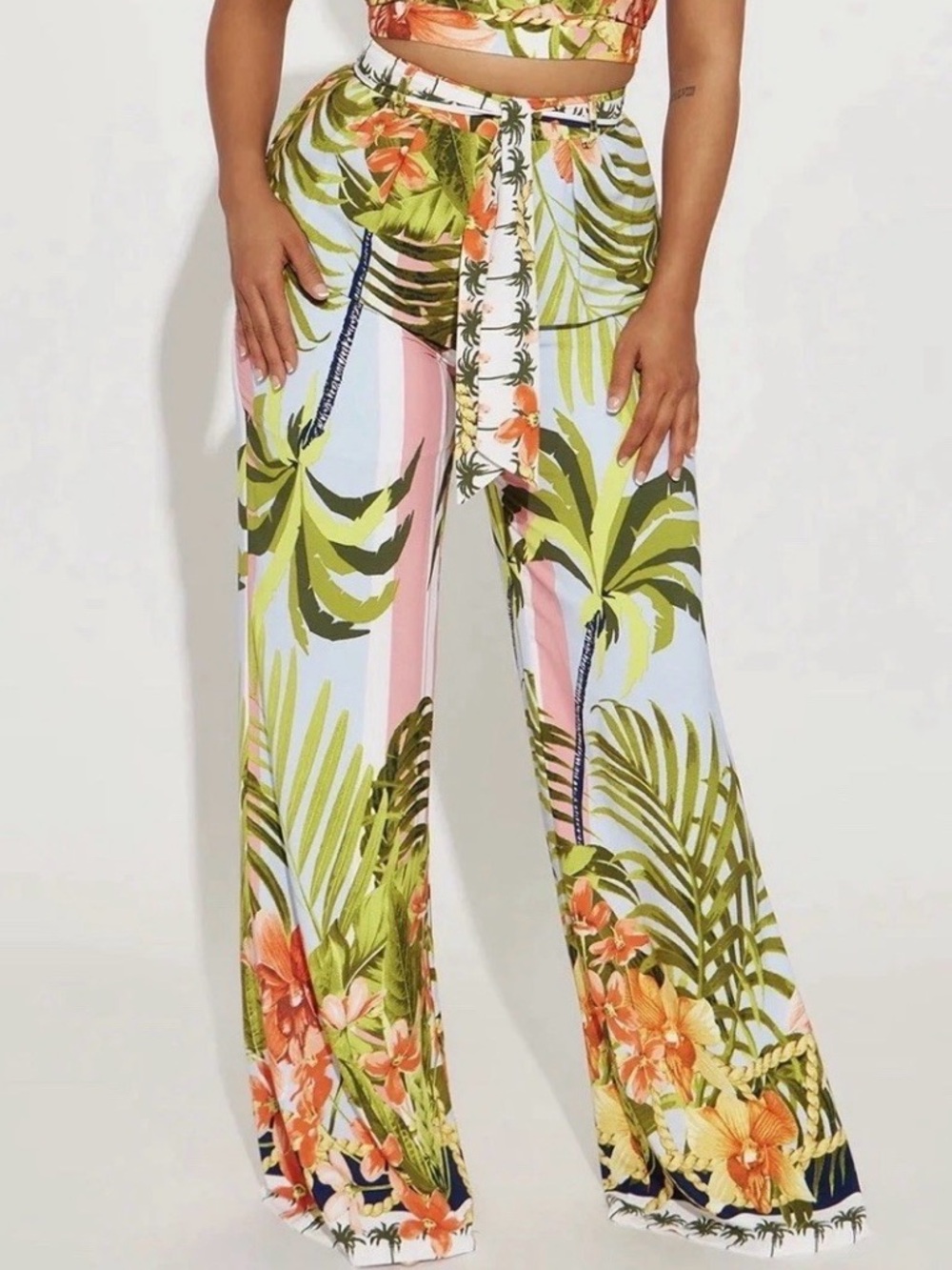 Tropical Resort Wide Leg Pants Summer Vacation Palm Floral Palazzo Trousers M